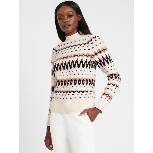 Banana Republic Womens Sz M Fair Isle Mock Neck Merino Wool Blend Sweater - Picture 1 of 10